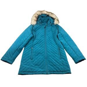 White Stag Women's Small Quilted Puffer Jacket With Faux Fur Trim Hood